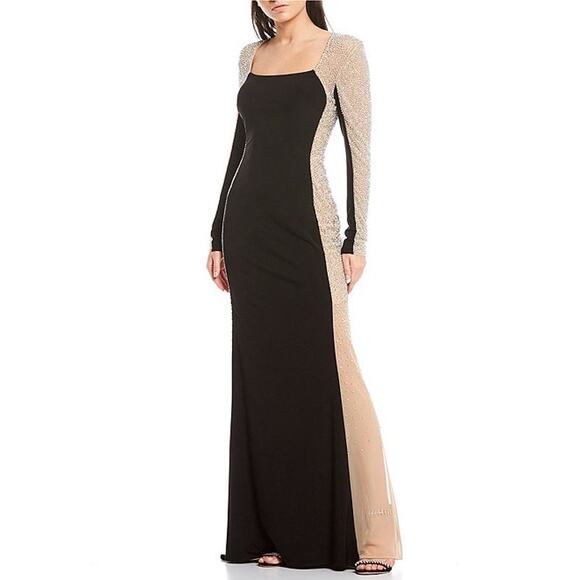 Xscape Caviar Beaded Mesh Panel Contrast Matte Square Neck Sheath Gown 10 NWT